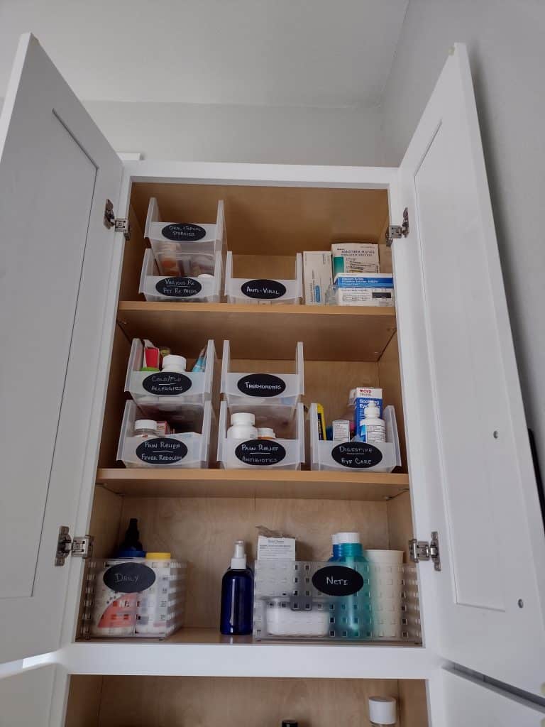top portion of a bathroom cabinet with organized containers that are all labeled